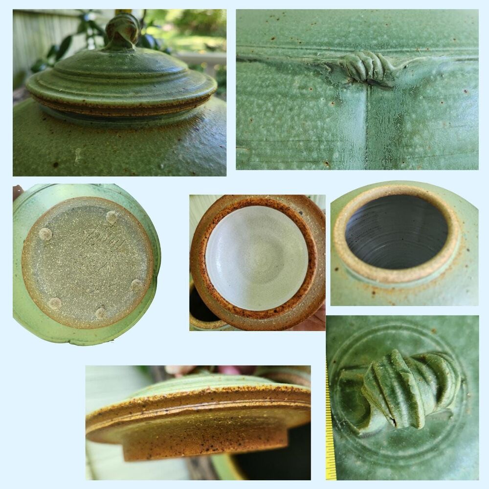 Vintage Stoneware Pot with Lid 13"H | Les Miley! Master Potter, Celadon Green - Picture 6 of 13
